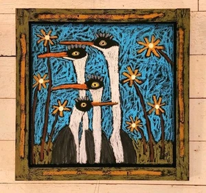 John Sperry Southern Outsider primitive Volkskunst Vögel Malerei 24" x 24" - Bild 1 von 7