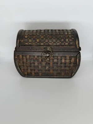 Vintage Hinged Small Wood Chest Trinket Box  Cane & Rattan Woven Basket Trunk - Image 1 of 4