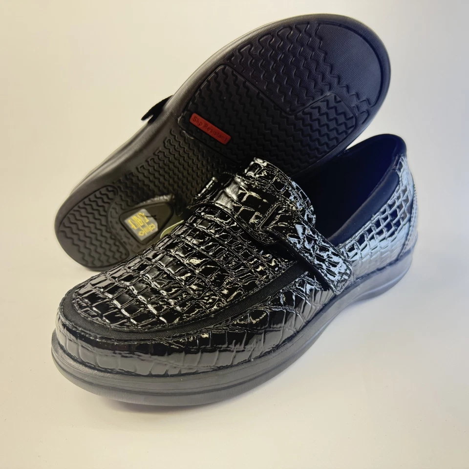 APEX Mujer Talla 6.5 Pétalos Anchos Evelyn A205W Cuero de Cocodrilo Negro Diabético NUEVO Foto 1 de 4