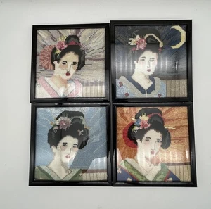 Vintage bunte Chinoiserie fertig Kreuzstich Nadelspitze Geisha Posten 4 - Bild 1 von 7