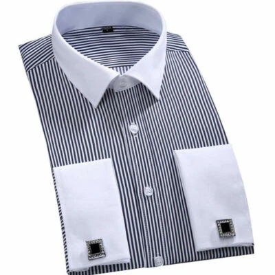 Mens Dress Shirts Clothes Striped The White Collar Formal French Cuff Shirts Top - Image 1 of 4