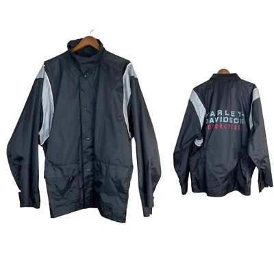 Harley Davidson Rain Jacket Mens Medium Black Nylon Spell Out Motorcycles Zip Up - Image 1 of 4
