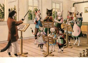 Vtg Anthropomorphic Cat Postcard Eugen Hartung Band Orchestra Recorder Unused - Picture 1 of 2
