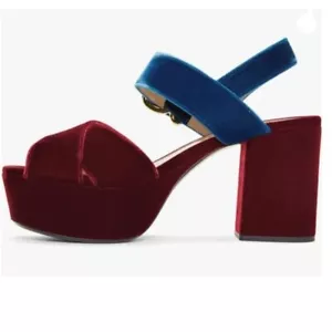 FSJ Red Peep Toe Chunky High Heels Platform Sandals Ankle Strap Velvet Shoes - Picture 1 of 8