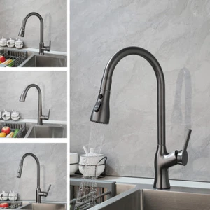 Arc Kitchen Sink Pull Out Faucet Gray Swivel Mixer Taps Single Handle Deck Mount - Picture 1 of 45