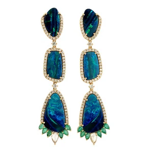 18k Gold Opal Emerald Diamond Dangle Earrings Womens Luxury Statement Jewelry - Picture 1 of 6