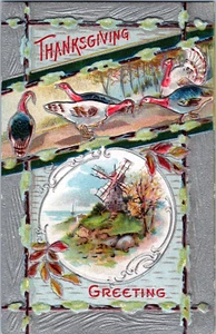Vintage Thanksgiving Postcard Turkey Windmill Embossed Silver - Picture 1 of 2