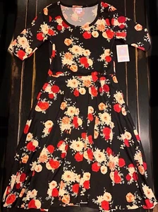 NWT S LuLaRoe RED & CREAM ROSES On BLACK Nicole Dress Slinky FLORAL UNICORN! 🦄 - Picture 1 of 4