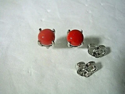 CORAL POST STUD EARRINGS SET IN 14KT WHITE GOLD BASKET SETTINGS  5MM ROUND - Image 1 of 4