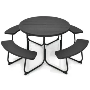 8-Person Patio Outdoor Picnic Round Table and Bench Set w/Built-in Umbrella Hole - Picture 1 of 9