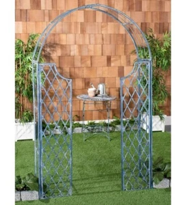 Rustic Blue Iron Trellis Garden Entrance Climbing Metal Plant Yard Outdoor Arbor - Picture 1 of 9