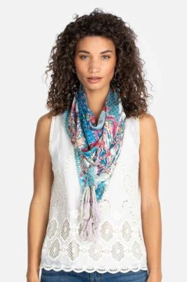 Johnny Was Lubello Azul Denim Blanco Bufanda Flor Seda Rosa Floral Borla NUEVO Foto 1 de 3