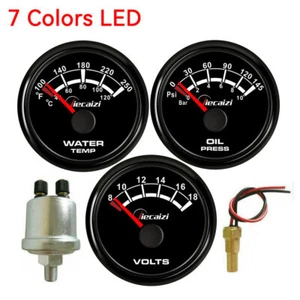52mm 3 Gauge Set with Senders Oil Pressure Volts Water Temp 7 Colors LED 12V/24V - Foto 1 di 8