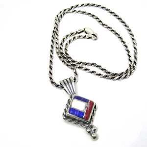 Southwestern Style Sterling Silver Rope Chain Necklace with Inlaid Stone Pendant - Foto 1 di 9