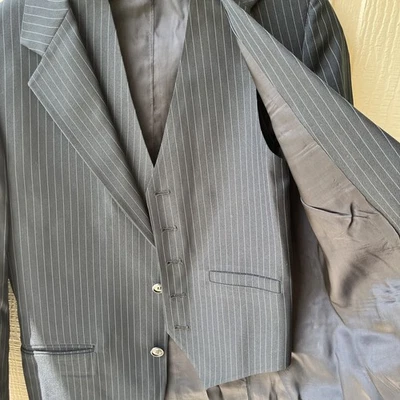 JOHN WEITZ Mens Navy Wool PINSTRIPE Classic 2 Piece VEST Combo PAIR Jacket - Image 1 of 4