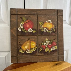 Vintage Wood Hand Painted Fruit Wall Hanger Decor Cottage Farm 1982 Signed - Picture 1 of 5