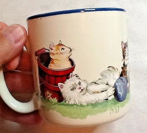 TAZA DE CAFÉ POTPOURRI PRESS 'CATS' 1989 COREA BLANCO/AZUL BORDE Y GATOS 72023A - Imagen 1 de 8