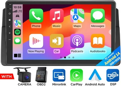 CAM+OBDII+For BMW E46 320 330 323 325 M3 Car Stereo Android 14 Radio CarPlay GPS - Image 1 of 4