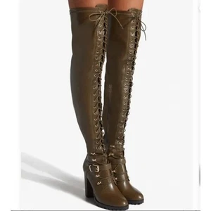 New Shoedazzle Daneisha Lace Up Heeled Boot Dark Olive Steampunk Goth Size 9 - Picture 1 of 7
