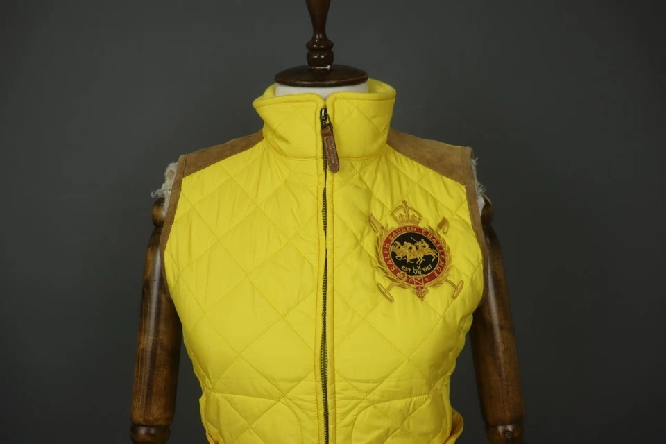 Chaleco acolchado Ralph Lauren deportivo amarillo bordado logotipo cuello falso cremallera completa talla M Foto 1 de 4