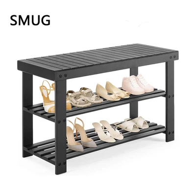 SMUG 3-Tier Black Bamboo Shoe Rack Bench Organizer Entryway Bench Storage Shelf - Image 1 of 4