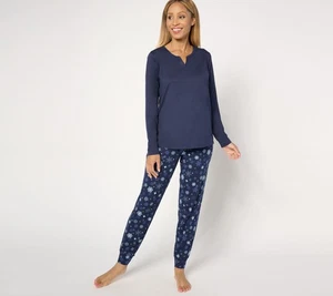 Anybody Regular Lush Jersey Solid Top and Printed Joggers Sleep Set Navy/Snowfla - Picture 1 of 1