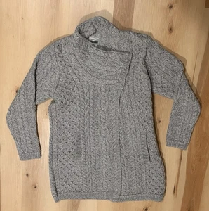 Aran Craft Marino Wool Long Cardigan With Button Collar Small Gray Excellent - Picture 1 of 6