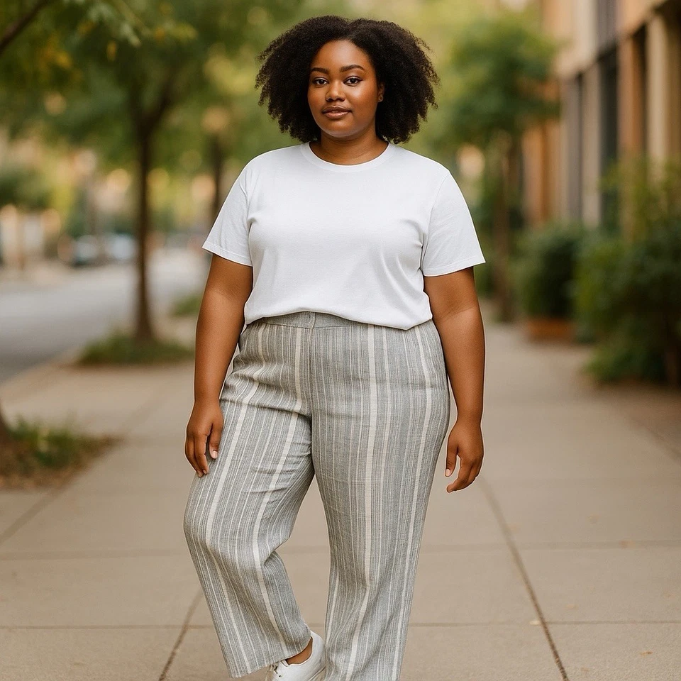 Linen Cotton Blend Grey Striped Pants Women’s Size 14 Elastic Waist Summer Beach - Image 1 of 4