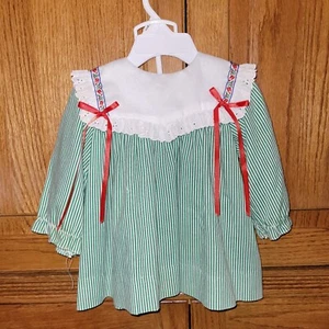 VTG 12 mo Toddler Dress cotton long sleeve Collared red green stripe - Picture 1 of 6