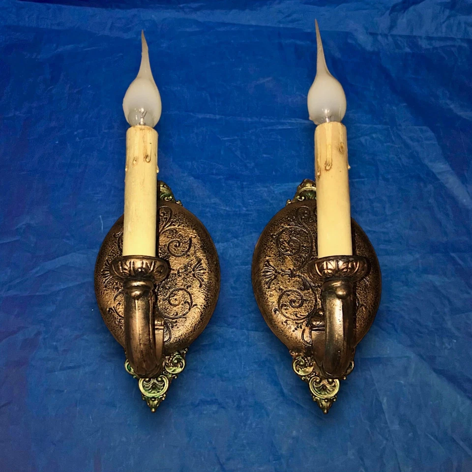 Par de accesorios de aplique de pared antiguos con cable Riddle Co. Pat pendiente 23M Foto 1 de 1