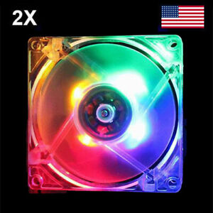 2X 80mm Computer PC Clear Case Cooling Fan With LED - Rainbow