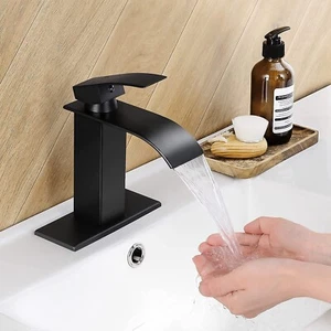 8” Widespread Bathroom Basin Faucet Waterfall 3Holes Sink Mixer Tap Matte Black - Picture 1 of 10