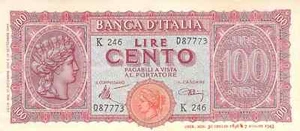 ITALY 100 LIRE NOTE 1943 P-75 DECENT - Picture 1 of 2