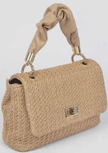 Bolso sin asas pequeño caqui detalles dorados Bolso de paja Bolso de hombro con asa de cuero sintético - Imagen 1 de 6