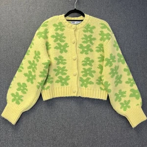 ZARA cardigan yellow green Floral Retro Pop Flower Chunky Knit Sweater small - Picture 1 of 18