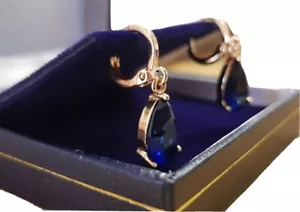 Yellow gold finish Teardrop blue sapphire droplet earrings New Fantastic Offer  - Picture 1 of 6