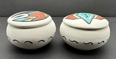 Set Of 2 Southwest Pottery Design Round Trinket Ring Boxes Painted Lot Signed JH - Image 1 of 4