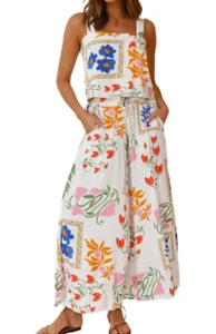 Weiß bedrucktes Set mit eckigem Ausschnitt Oberteil und Hose Größe XL - Bild 1 von 16