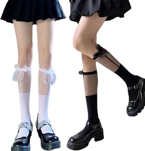 2 Paar Kniestrümpfe Damen Weiß Spitze Kniestrümpfe Rüschen Kniestrümpfe Lolita-S - Bild 1 von 7