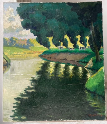 Impressionismo francês - Tela a óleo assinada - Paisagem nas vacas perto VALTALTTON - Imagem 1 de 4