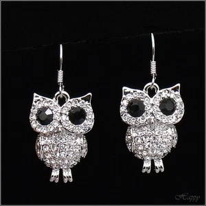 Night Owl Bird Drop Dangle Earrings Costume Jewelry Crystal Clear Black New 43 - Picture 1 of 3