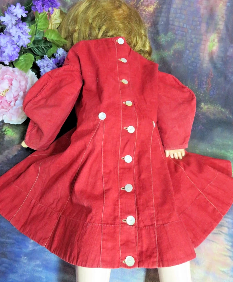 Original Antique Edwardian Child Dress Red linen Pearl buttons Large doll dress - Image 1 of 4