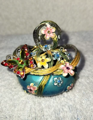 Bejeweled Blue Enamel Floral Gold Ribbon 2.25" Hinged Trinket Box - Image 1 of 4