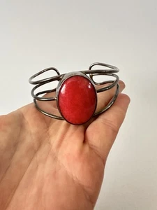 CII MEXICO 925 Sterling Silver Vintage Red Coral Bangle Cuff Bracelet - Picture 1 of 9