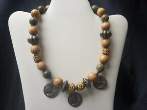 Unakite gemstone African Wood Beads Native Tribal Bison Charm Bohemian NECKLACE - Bild 1 von 9