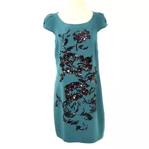 Coast Teal Silk Dress Sz 12 Black Sequin Floral Design Cap Sleeve Side Zip Lined - Picture 1 of 9