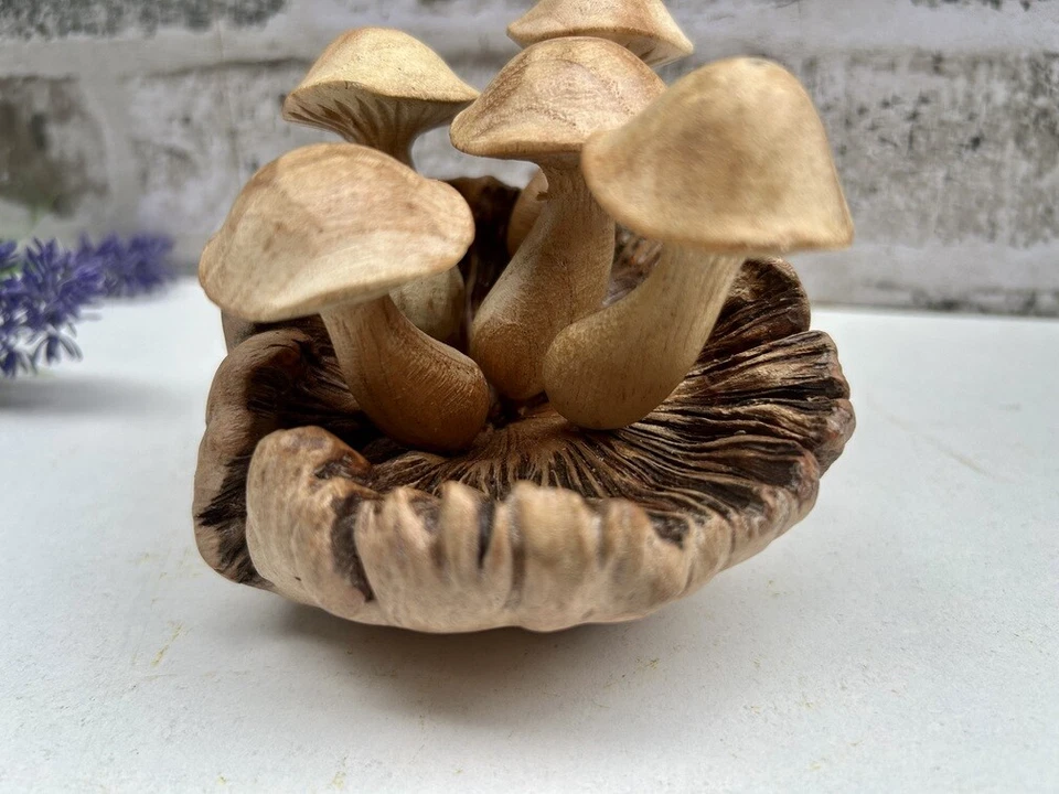 Wooden Mushroom Toadstool Sculpture Teak Root Hand Carved Driftwood Ornament - Image 1 of 4