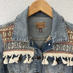 Chaqueta de Camionero Driftwood Geena Denim XS Bordadas Borlas Azteca Boho Occidental - Imagen 1 de 7