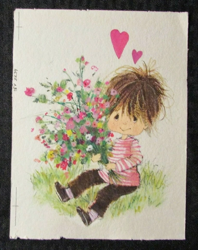 DÍA DE SAN VALENTÍN Lindo Niño con Ramo y Corazones 6x8" Tarjeta de Felicitación Arte #3234 Foto 1 de 1