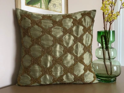 Sofa Cushion Cover Green 16"x16", Bed Decor Silk Geometric - Tarnished Gold - Image 1 of 4